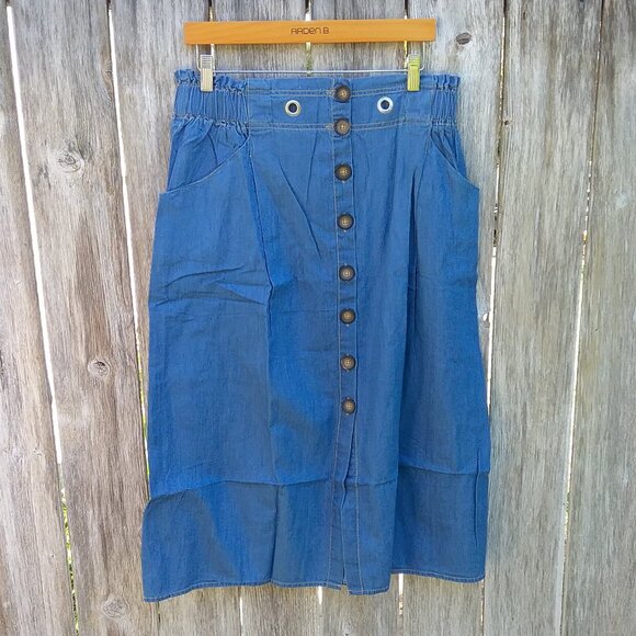 Anthropologie Skirt Women's Large Chambray Blue Cotton Button Down Front Preppy - Picture 7 of 10